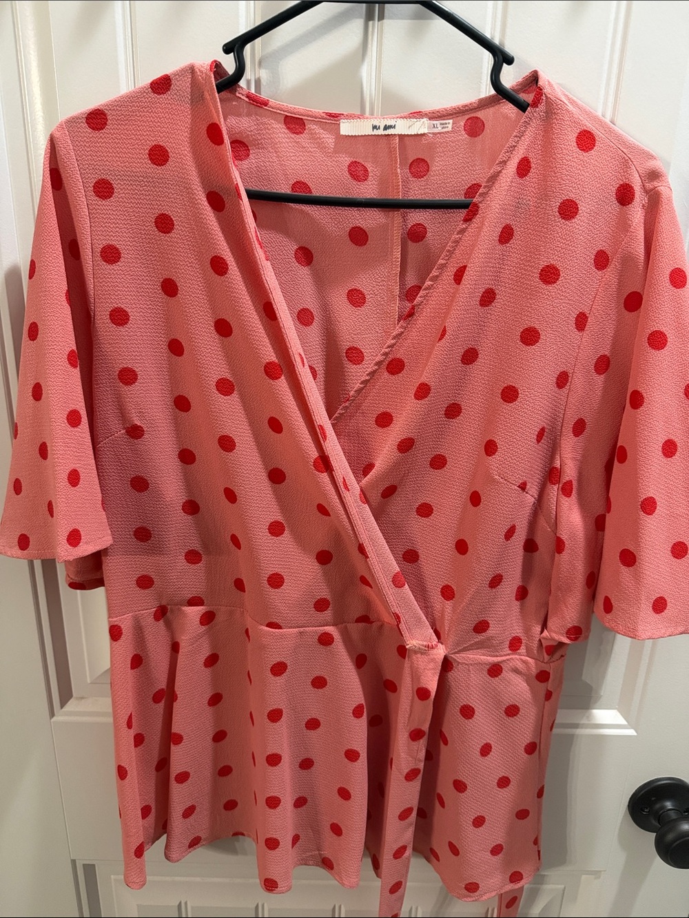 Polka Dot Wrap Dress - Pink with Red Dots